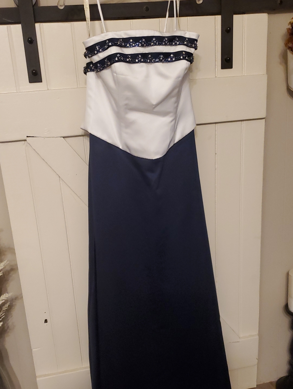 White and Navy Strapless Evening Gown
